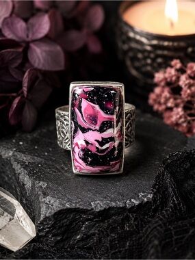Handmade Pink Black Marbled Polymer Clay Adjustable Statement Ring